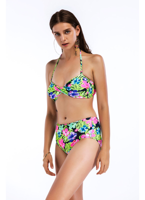 floral printing high waisted bikini set