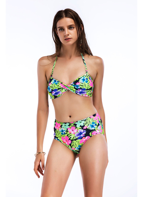 Floral printing high waisted bikini set