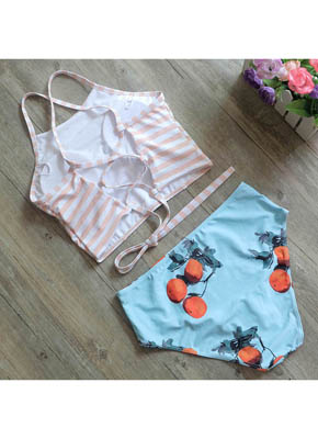 Orange Stripe & Orange printing 2 piece swimwear for women 5