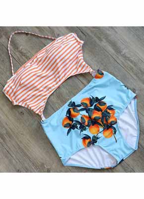 Orange Stripe & Orange printing Cut Out One Piece Swimwear 4
