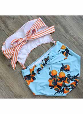Orange Stripe & Orange printing Cut Out One Piece Swimwear 5